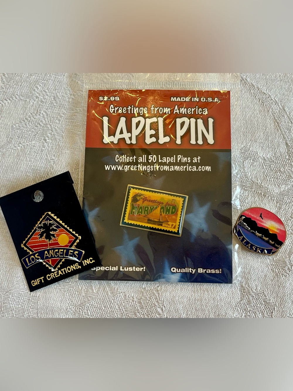 Vintage State Souvenir Lapel Pins - Los Angeles, Maryland, Alaska
